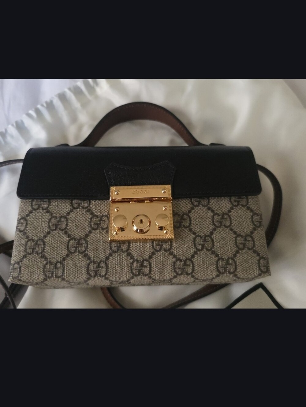 NEW Gucci Beige GG Supreme Satchel with Black Trim and Gold Hardware